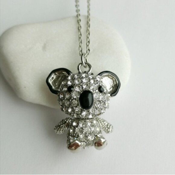 Teddy Koala Bear Pendant Necklace in Silver tone with Swarovski Crystals - Picture 3 of 7